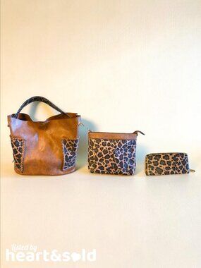 Deluxity Leather Animal Print Handbag w/ Makeup Bag & Wallet Set
